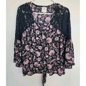 Knox Rose Womens Floral Button Up Tie Front Top Lace Boho Bell Sleeve Sz Medium